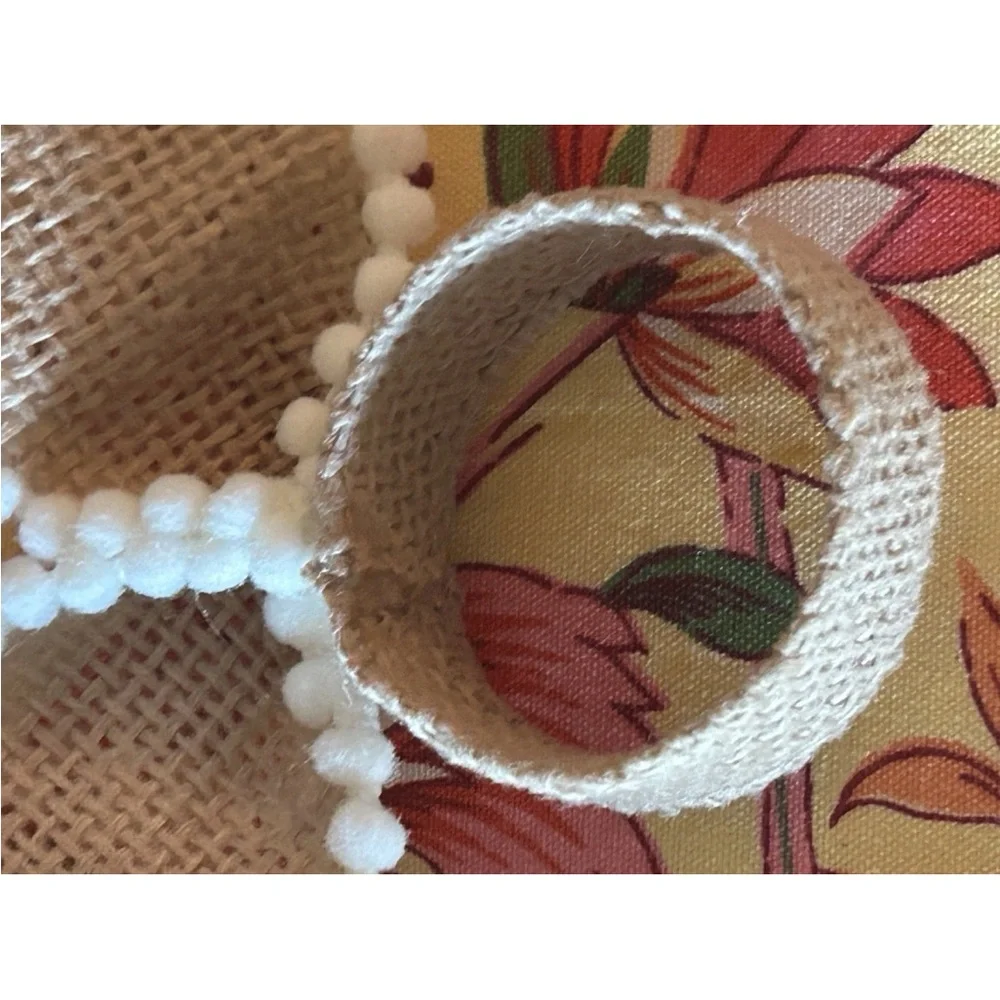 NWOT 4 Burlap Bunny Rabbit Ear Napkin Rings Tan w/ White‎ Pom Pom Fringe